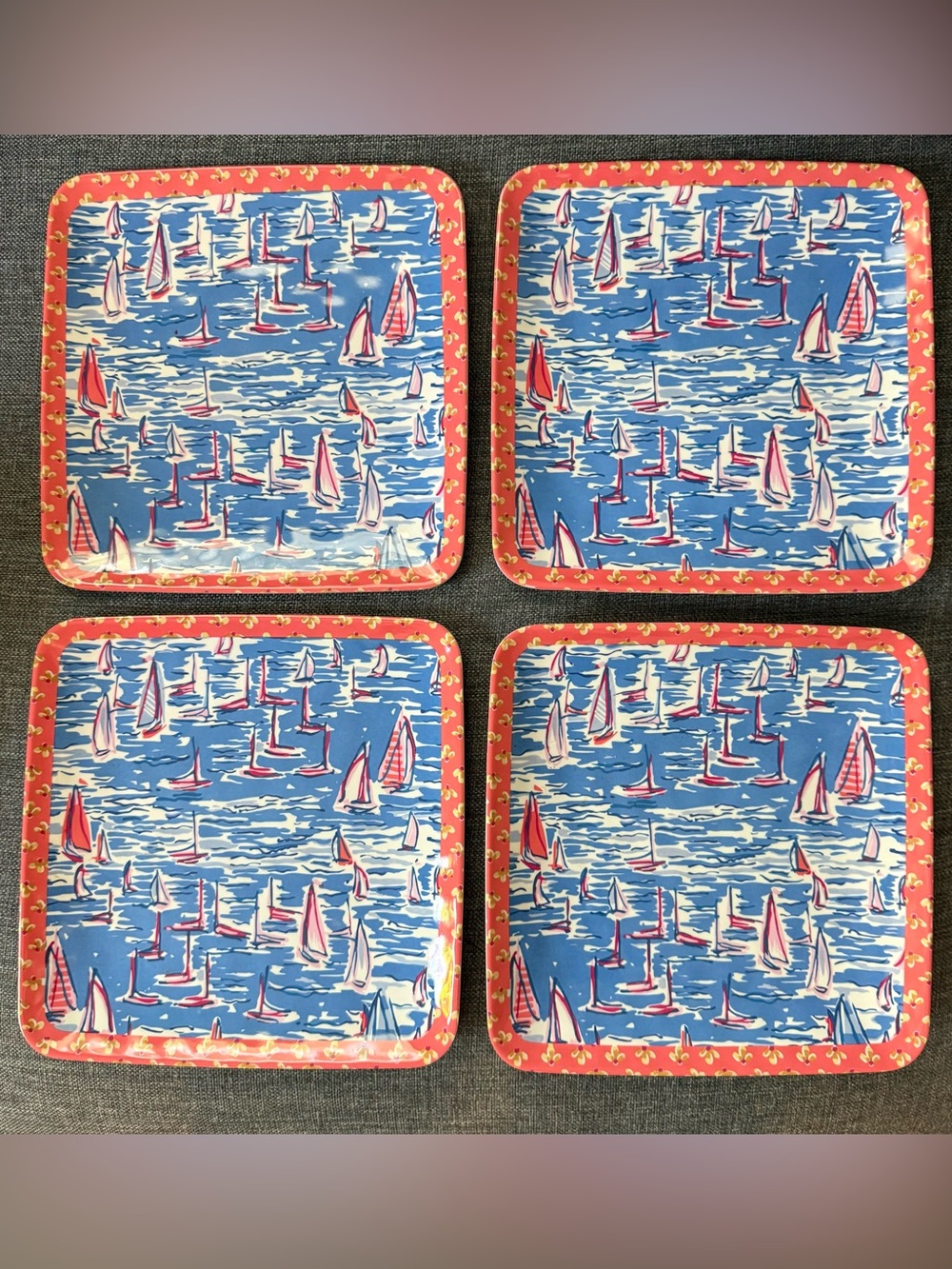 NEW Lilly Pulitzer Boatylicious Sailboat Melamine Set of 4 Square Plates 8.5”